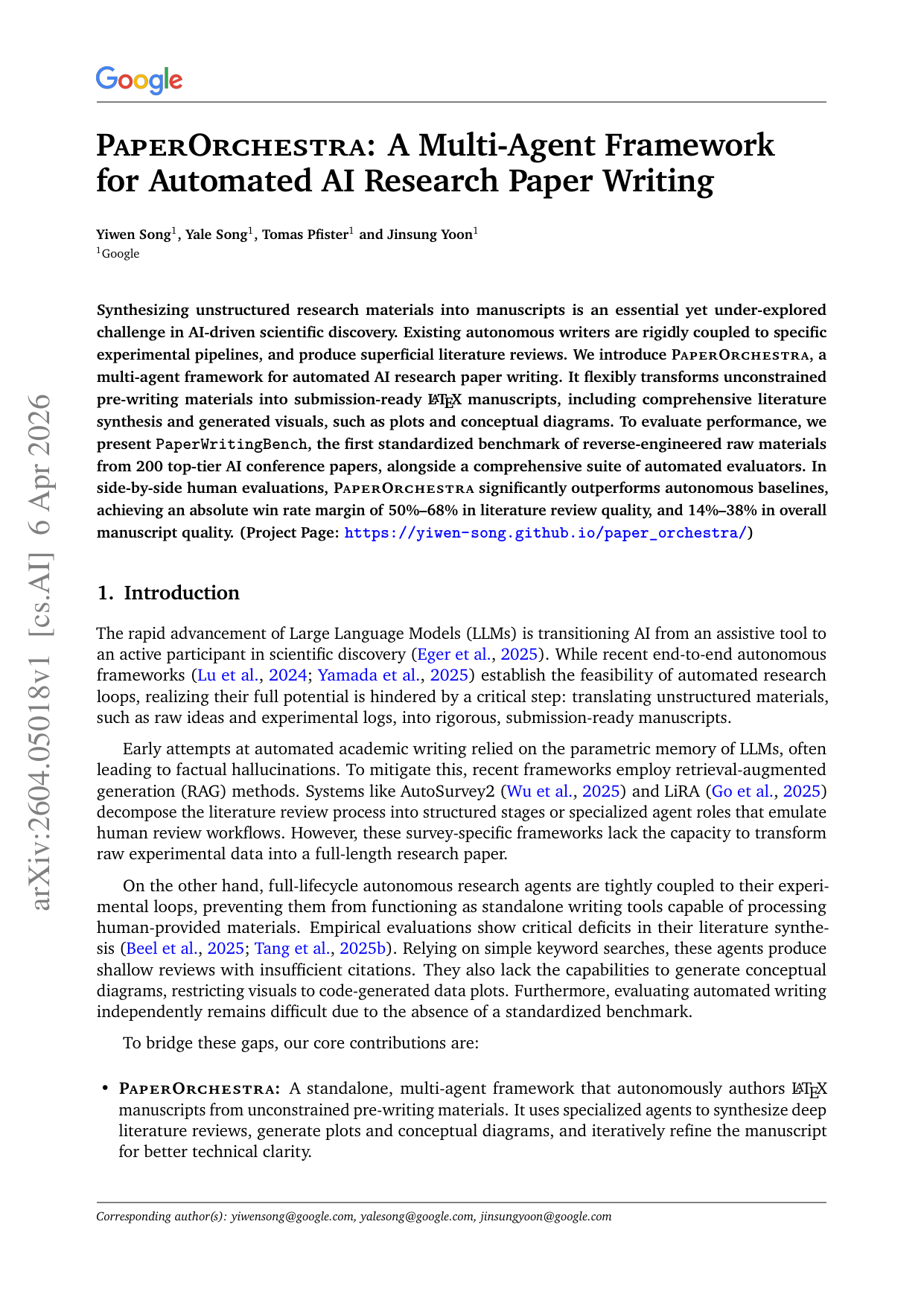 PaperOrchestra: AI 연구 논문 자동 작성을 위한 다중 에이전트 프레임워크