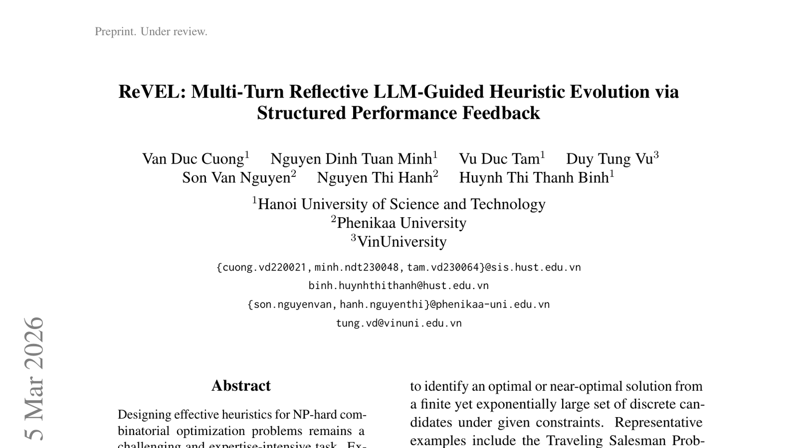 ReVEL: 구조화된 성능 피드백을 통한 다중 턴 반영적 LLM 유도 휴리스틱 진화